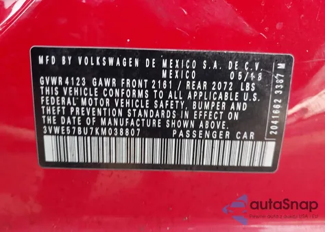 2019 Volkswagen Jetta 1.4T Sel z USA, uszkodzony, nr VIN 3VWE57BU7KM038807